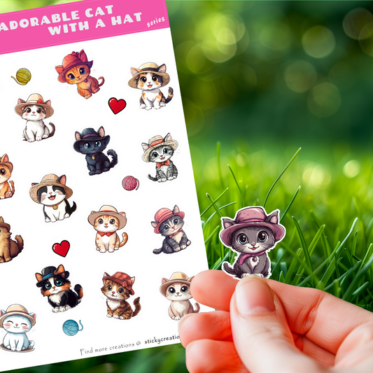 15pc Adorable Cat with a Hat | Sticker Sheet | Cute Stickers